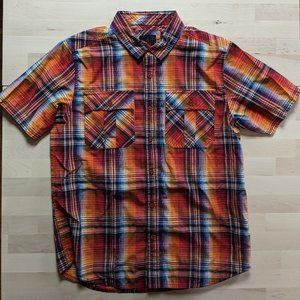 Men's Vibrant Red Plaid Prana Button Up Shirt Size Medium